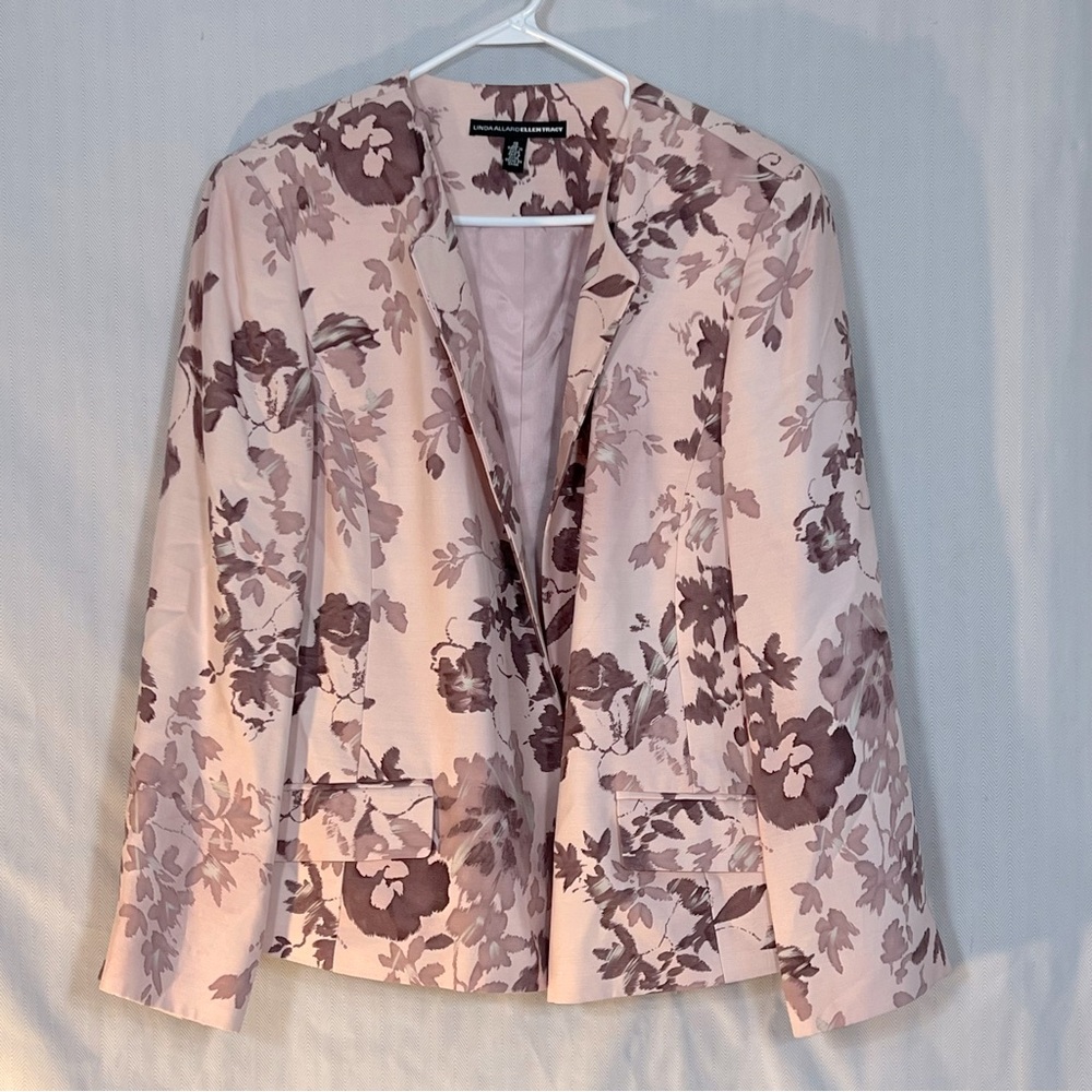 Linda Allard Ellen Tracy Blazer Floral Muted Pink Silk Wool Blend Open Front 18👍